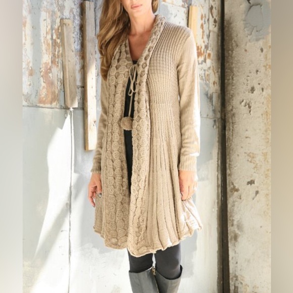 VENICE BLUE Chocolate Brown Boho Pom Pom Tie Longline Cardigan L/XL Sweater Top - Picture 1 of 16